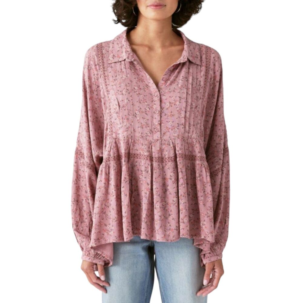 Lucky Brand Top Women S Pink Floral Babydoll Flowy Boho Cottage Oversize Tunic